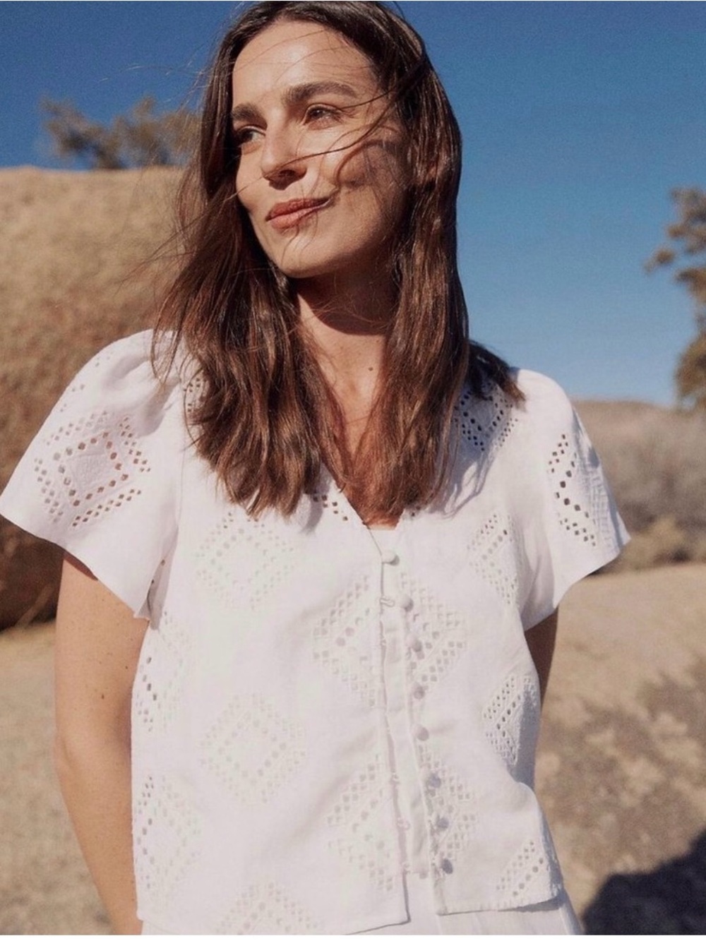 Madewell Eyelet Flutter-Sleeve Top White Linen Blend Button Front Blouse XL - Picture 4 of 15
